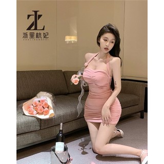 ZHELIHANGFEI Pure Desire Dây Cổ Dây Không Tay Đầm Nữ Hồng Gợi Cảm Váy Ngắn Hẹp Eo Túi Hông Váy