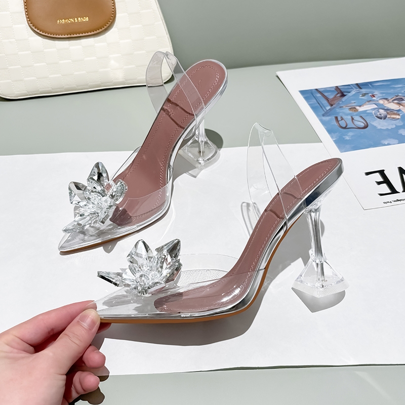 Phong Cách Mới Mũi-Covered Sandal Nữ Mũi Nhọn Trong Suốt Pha Lê Hoa Stiletto Giày Cao Gót