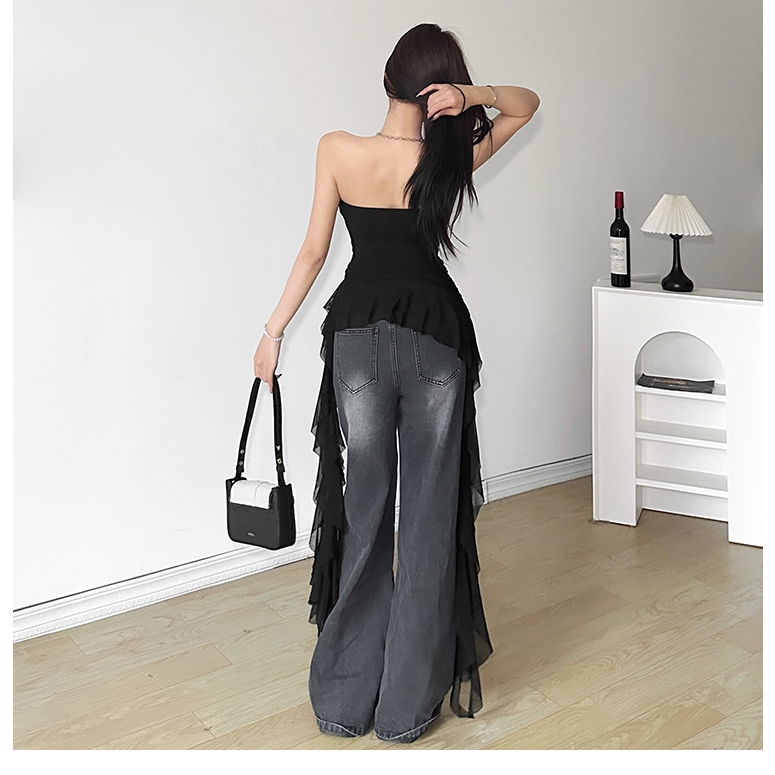 Klalien Mùa Hè Mới Phong Cách Gợi Cảm Thiết Kế Áo Ngực Sense Áo Vest Nữ Ruffle Edge Tua Rua Slim Fit Không Đều Áo