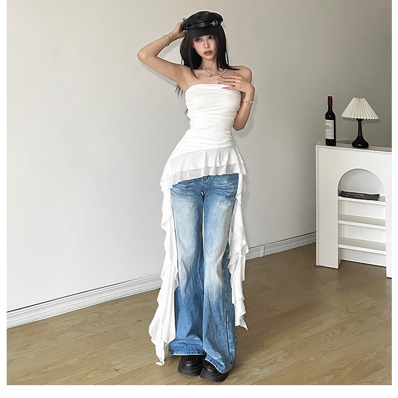 Klalien Mùa Hè Mới Phong Cách Gợi Cảm Thiết Kế Áo Ngực Sense Áo Vest Nữ Ruffle Edge Tua Rua Slim Fit Không Đều Áo
