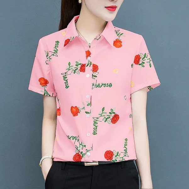 Áo sơ mi nữ tay ngắn mới nụ hoa hồng mỏng màu trắng Bộ đồ chuyên nghiệp