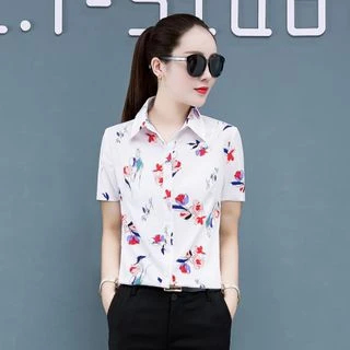 Áo sơ mi nữ tay ngắn mới nụ hoa hồng mỏng màu trắng Bộ đồ chuyên nghiệp
