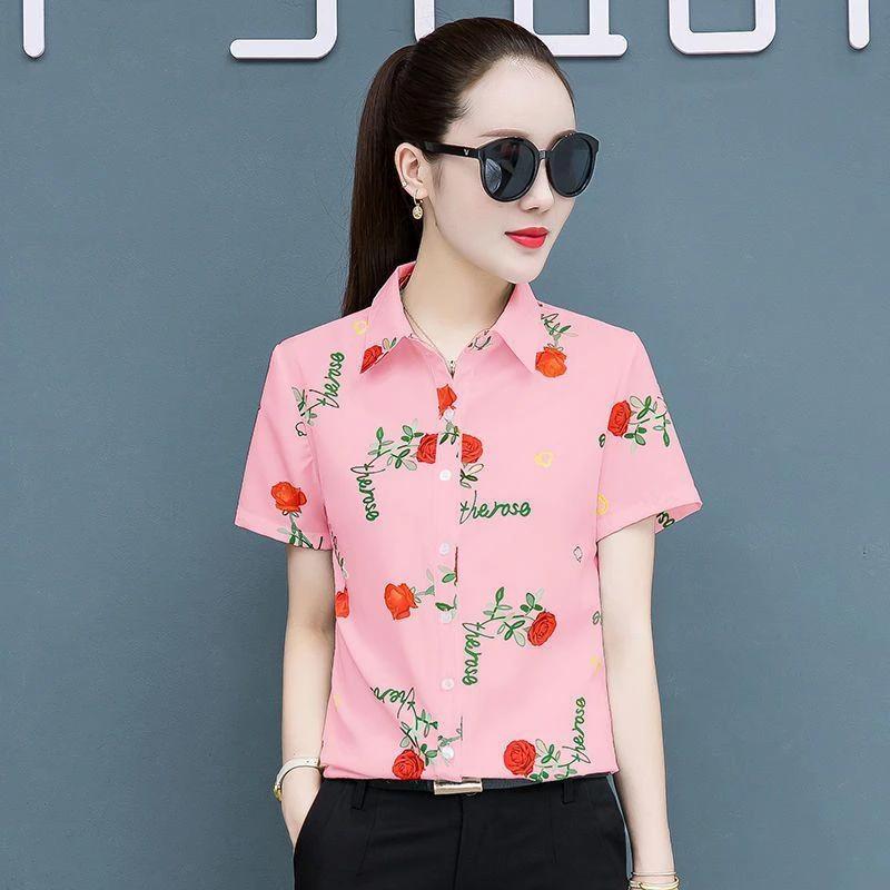 Áo sơ mi nữ tay ngắn mới nụ hoa hồng mỏng màu trắng Bộ đồ chuyên nghiệp