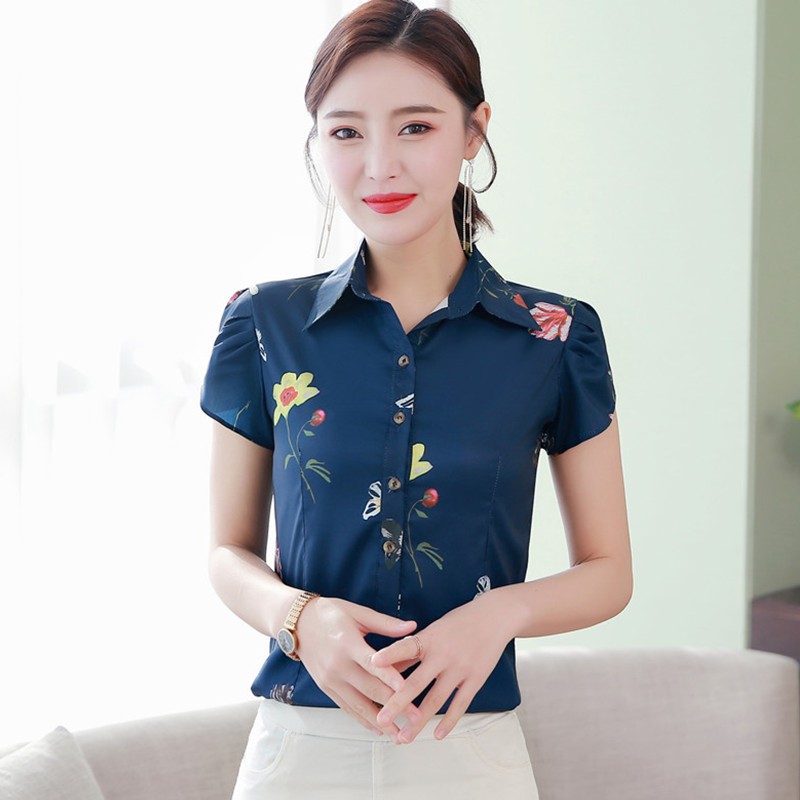 Áo sơ mi nữ tay ngắn mới nụ hoa hồng mỏng màu trắng Bộ đồ chuyên nghiệp