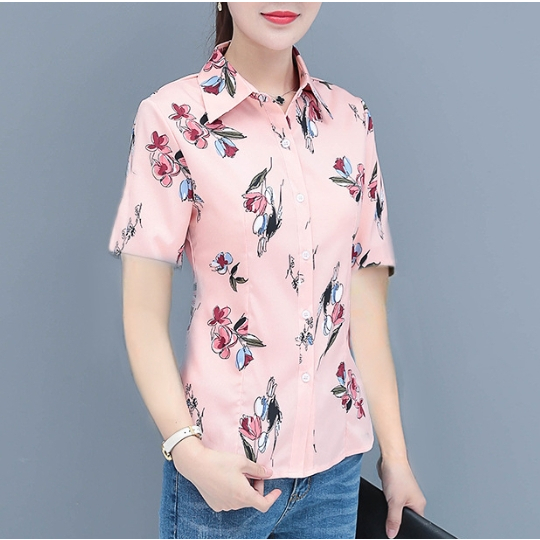 Áo sơ mi nữ tay ngắn mới nụ hoa hồng mỏng màu trắng Bộ đồ chuyên nghiệp