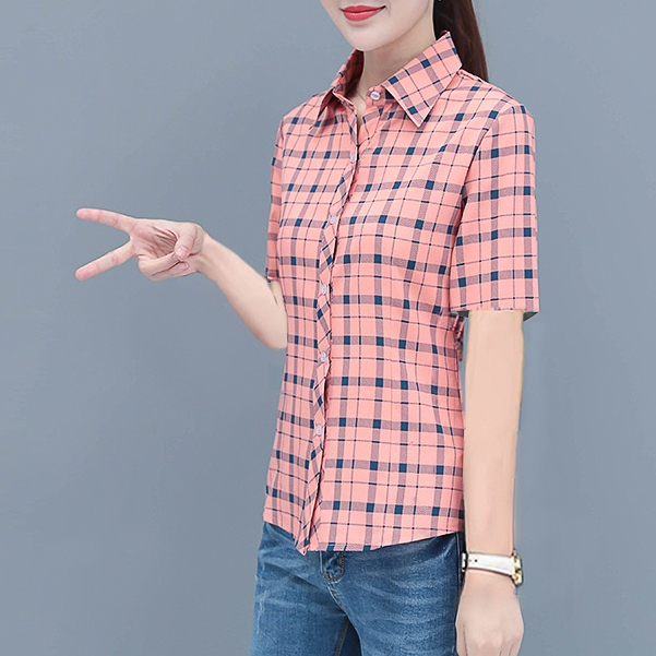 Áo Sơ Mi Kẻ Sọc Đỏ Vàng Nữ Tay Ngắn Áo Sơ Mi Nữ Đáy Top