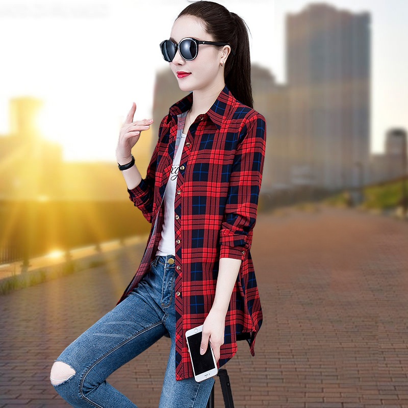 Áo Sơ Mi Nữ Dài Tay Họa Tiết Ca Rô Phong Cách Hàn Sành Điệu