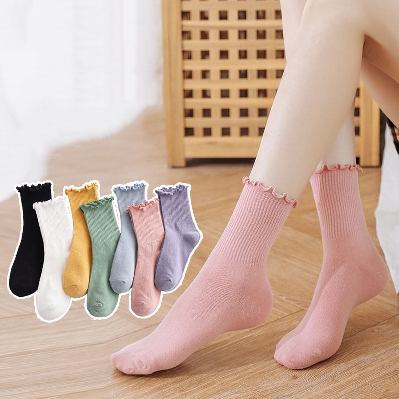 FHYL Vớ Cotton Cổ Cao Màu Trơn Khử Mùi Nhiều Màu Kẹo Ngọt Phong Cách Hàn Quốc Mới Cho Nữ