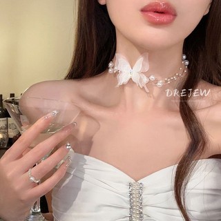 DREJEW dây chuyền ngọc trai nơ ruy băng vòng cổ choker sang trọng ngọt ngào chuỗi xương đòn vòng cổ nữ