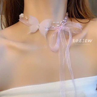 DREJEW dây chuyền ngọc trai nơ ruy băng vòng cổ choker sang trọng ngọt ngào chuỗi xương đòn vòng cổ nữ
