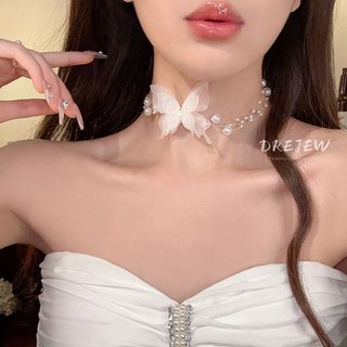 DREJEW dây chuyền ngọc trai nơ ruy băng vòng cổ choker sang trọng ngọt ngào chuỗi xương đòn vòng cổ nữ