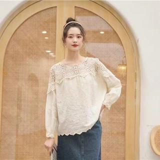 Áo sơ mi ren cổ tròn dài tay dáng rộng dành cho nữ Hàn Quốc
