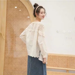 Áo sơ mi ren cổ tròn dài tay dáng rộng dành cho nữ Hàn Quốc