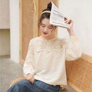 Áo sơ mi ren cổ tròn dài tay dáng rộng dành cho nữ Hàn Quốc