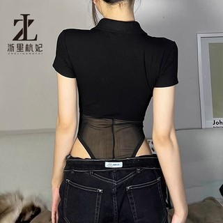 ZHELIHANGFEI Áo Sơ Mi Polo Cổ Áo Thun Yujie See-Through Gạc Gợi Cảm Jumpsuit Top