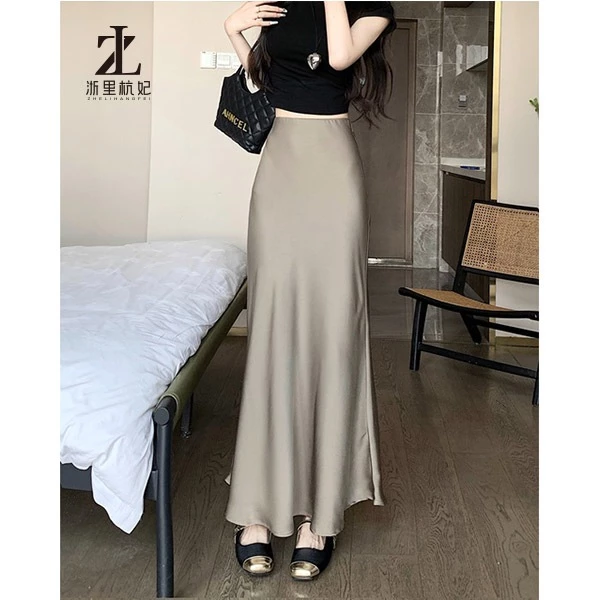 ZHELIHANGFEI Sẵn Sàng 7 Màu Mùa Hè 2024 Phong Cách Mới Váy Đuôi Cá Satin Cao Cấp Váy Giữa Chiều Dài Nữ Satin Đuôi Cá Satin Váy Giữa Chiều Dài Nửa
