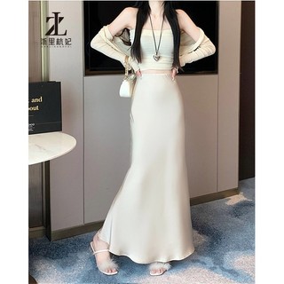 ZHELIHANGFEI Sẵn Sàng 7 Màu Mùa Hè 2024 Phong Cách Mới Váy Đuôi Cá Satin Cao Cấp Váy Giữa Chiều Dài Nữ Váy Satin Đuôi Cá Satin Váy Giữa Chiều Dài Nửa
