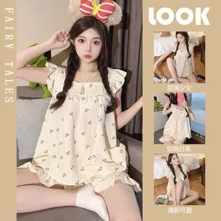 Bộ mặc nhà, Bộ xinh hai dây bèo kèm nơ, chun bản to mềm, chất đũi gân mềm mát cho nữ Pajamas【LittleStar6】