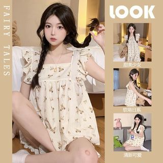 Bộ mặc nhà, Bộ xinh hai dây bèo kèm nơ, chun bản to mềm, chất đũi gân mềm mát cho nữ Pajamas【LittleStar6】
