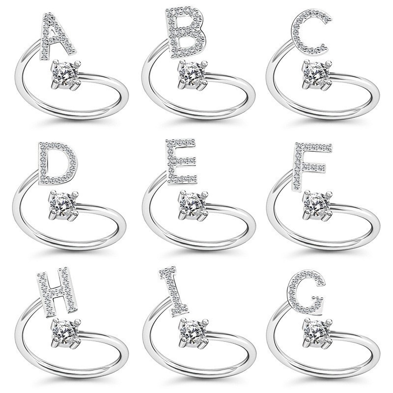 Nhẫn Mở Hình 26 Chữ Cái A-Z Đính Đá Lấp Lánh Có Thể Điều Chỉnh Thời Trang Cho Nữ