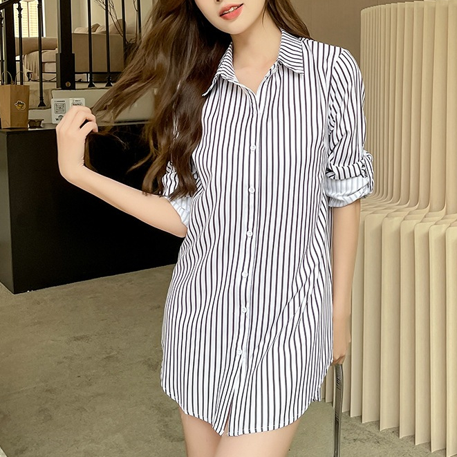6 màu S-5XL sọc đen Mới trắng Áo sơ mi nữ dài tay Slim trắng đen đỏ vàng Kaki cà phê