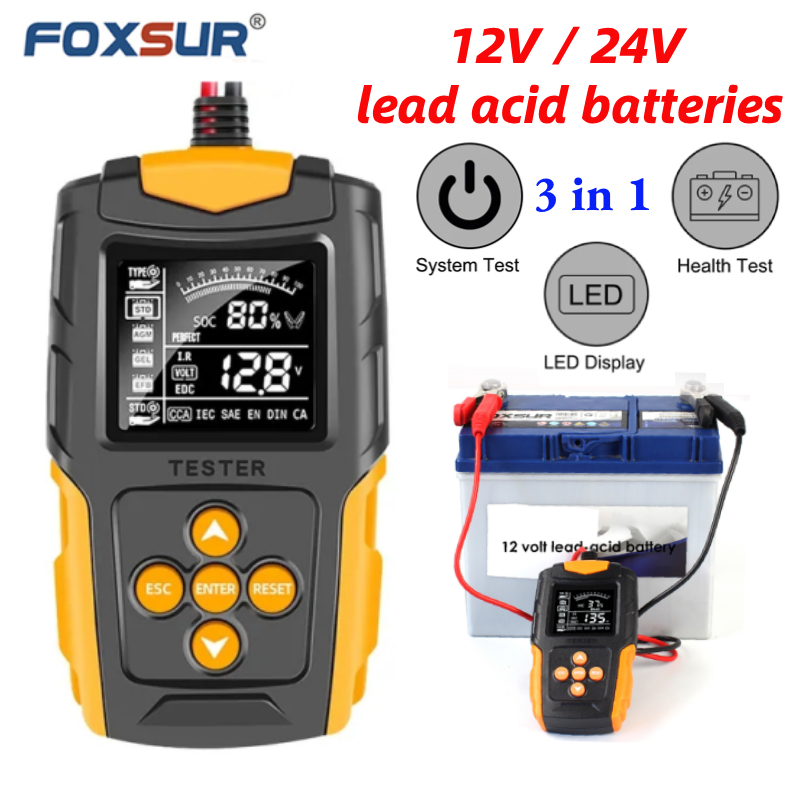 Máy kiểm tra pin ô tô FOXSUR 12V 24V 3Ah-200Ah cho công cụ kiểm tra phân tích pin LCD HONDA TOYOTA Máy phân tích kỹ thuật số cho xe tải Thuyền xe máy