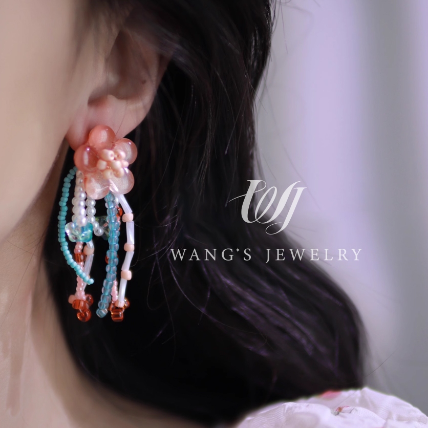 Wj Mùa hè mới ngọt ngào cam-đỏ hoa đính cườm bông tai nhiều màu sắc gradient tươi tua rua bông tai dài