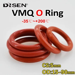 Bộ 5 VMQ O Ring Silicone O-Ring CS 5mm Nhẫn cấp thực phẩm màu đỏ OD 15-90mm Vòng đệm máy giặt Miếng đệm chống nước và cách nhiệt