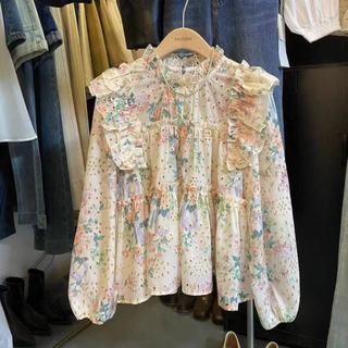 Phong Cách Hàn Quốc Nữ Nữ Rời Cổ Tròn Ruffle Xếp Ly Thêu Hoa Dài Tay Áo Sơ Mi Áo Baju Baju Wanita Lengan Panjang Kemeja