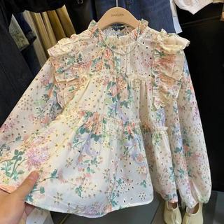 Phong Cách Hàn Quốc Nữ Nữ Rời Cổ Tròn Ruffle Xếp Ly Thêu Hoa Dài Tay Áo Sơ Mi Áo Baju Baju Wanita Lengan Panjang Kemeja