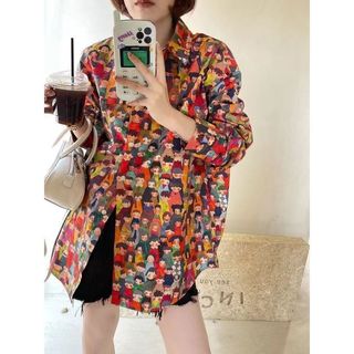 Phong Cách Hàn Quốc Nữ Nữ Rời In Hình Quá Khổ Baggy Áo Sơ Mi Tay Dài Baju Baju Wanita Lengan Panjang Hàng Mới Sẵn Có