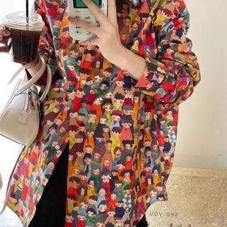 Phong Cách Hàn Quốc Nữ Nữ Rời In Hình Quá Khổ Baggy Áo Sơ Mi Tay Dài Baju Baju Wanita Lengan Panjang Hàng Mới Sẵn Có