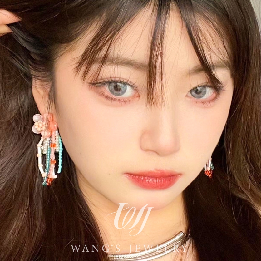 Wj Mùa hè mới ngọt ngào cam-đỏ hoa đính cườm bông tai nhiều màu sắc gradient tươi tua rua bông tai dài