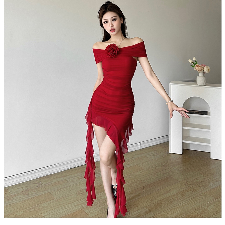 Cutenew Thanh Lịch Tắt Vai 3D Hoa Hồng Trang Trí Mini Đầm Cho Nữ Tua Rua Không Đều Đảng Sinh Nhật Rud Bodycon Váy Mùa Hè 2024