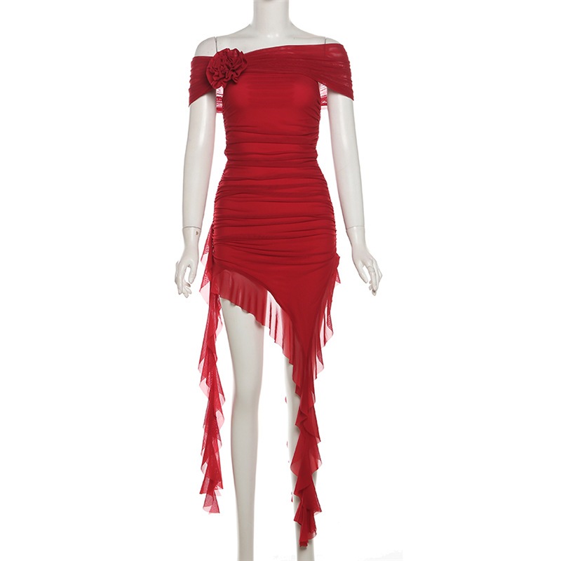 Cutenew Thanh Lịch Tắt Vai 3D Hoa Hồng Trang Trí Mini Đầm Cho Nữ Tua Rua Không Đều Đảng Sinh Nhật Rud Bodycon Váy Mùa Hè 2024