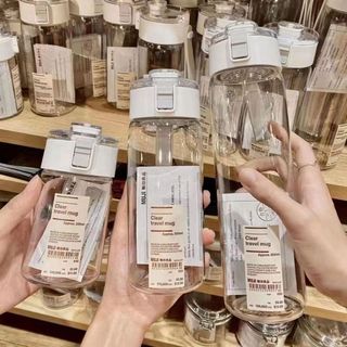 Bình nhựa đựng nước muji trong suốt 350ml, 550ml, 800ml cao cấp nắp chống tràn có quai đeo Water Bottles【Chiosala12】