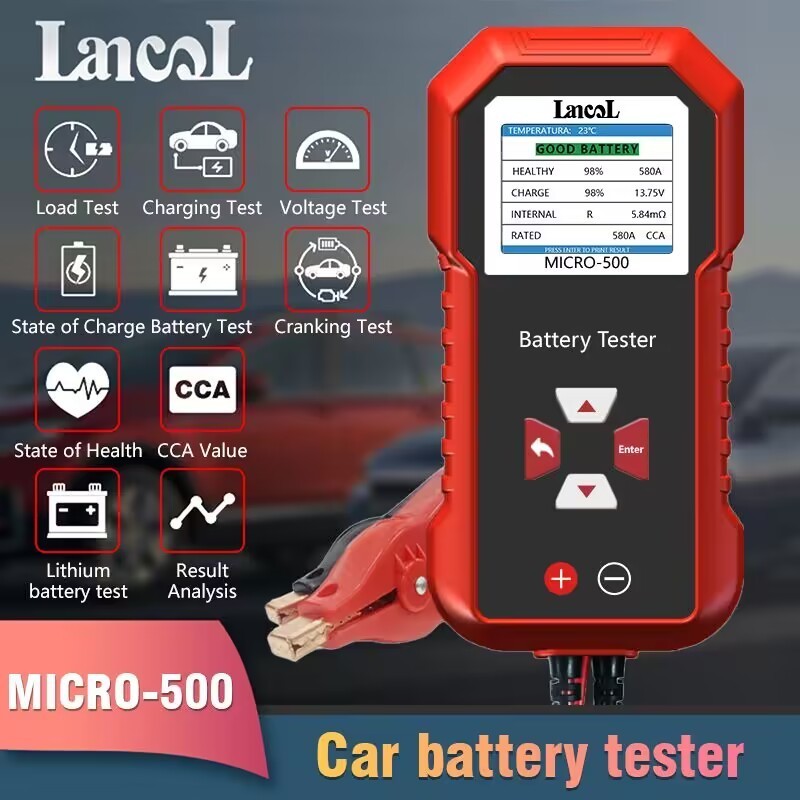 Còn hàng Lancol Micro500 12V 24V Máy phân tích pin ô tô 40-3000 CCA Thử nghiệm pin Lithium chì Axit Công cụ phân tích dung lượng pin Cranking Động cơ sạc Pin Màn hình LED
