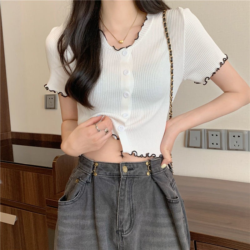 Áo Thun phông croptop Dệt Kim Áo Thun Trắng Nấm Cạnh Chính Hãng Vai Ngắn Tay Mùa Hè Phong Cách Mới Áo baby tee
