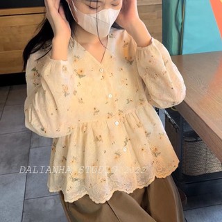 Phong Cách Hàn Quốc Nữ Nữ Rời Ren Plus Kích Thước Cổ Chữ V Đèn Lồng Áo Sơ Mi Tay Dài Áo Baju Baju Wanita Lengan Panjang Hàng Mới Sẵn Có