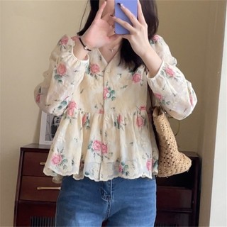 Phong Cách Hàn Quốc Nữ Nữ Rời Ren Plus Kích Thước Cổ Chữ V Đèn Lồng Áo Sơ Mi Tay Dài Áo Baju Baju Wanita Lengan Panjang Hàng Mới Sẵn Có