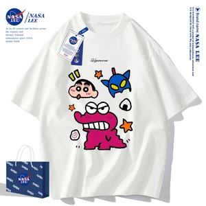 Áo thun ngắn tay cotton nguyên chất hợp tác thương hiệu NASA Mẫu mới mùa hè 2025 in hình Shin Cậu Bé Bút Chì Áo nửa tay có thể phối đồ đôi cho cặp đôi
