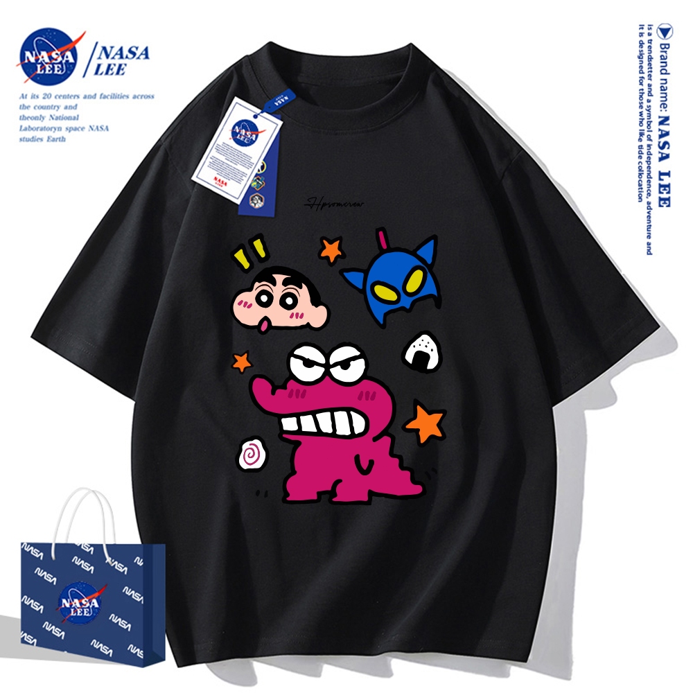 Áo thun ngắn tay cotton nguyên chất hợp tác thương hiệu NASA  Mẫu mới mùa hè 2025 in hình Shin Cậu Bé Bút Chì  Áo nửa tay có thể phối đồ đôi cho cặp đôi