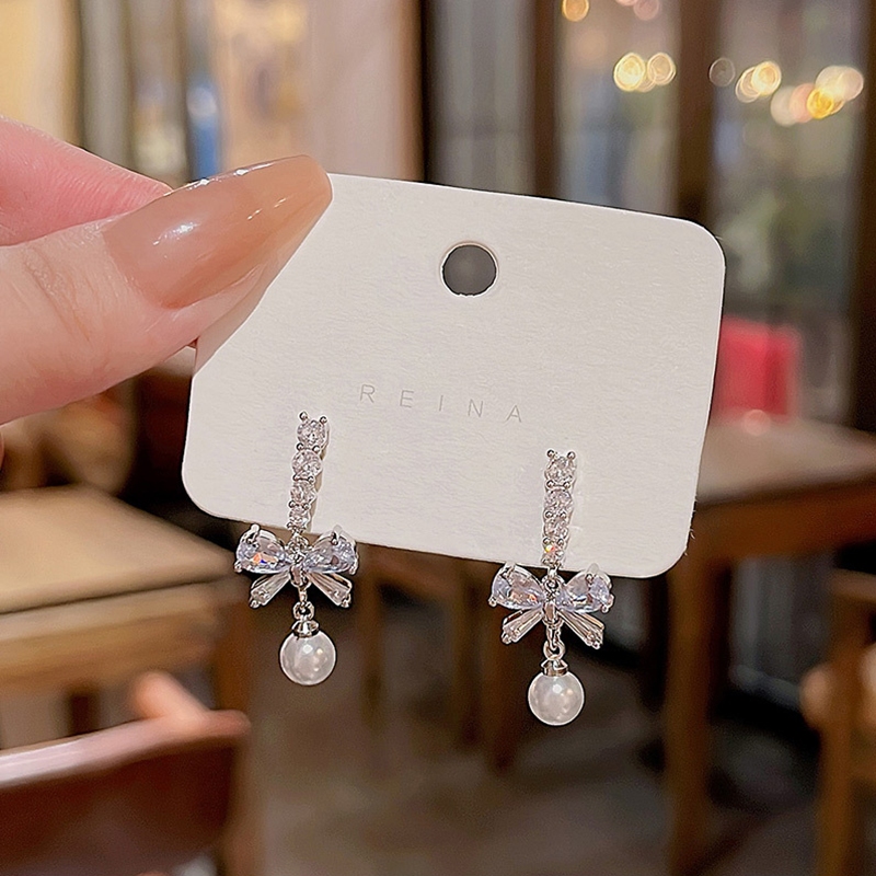 S925 Bạc Kim Tinh Tế Nơ Bông Tai Nữ Tua Dài Thanh Lịch Giả Ngọc Trai Bông Tai