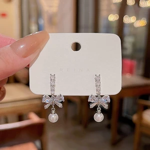 S925 Bạc Kim Tinh Tế Nơ Bông Tai Nữ Tua Dài Thanh Lịch Giả Ngọc Trai Bông Tai