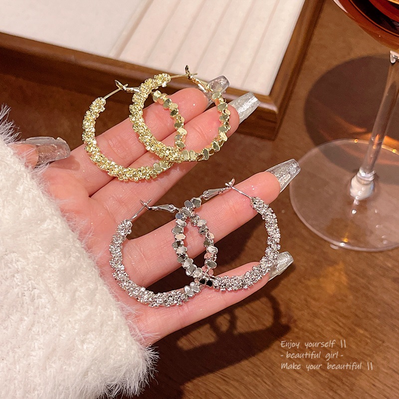 S925 Bạc Kim Bạc Bông Tai Vòng Lớn Nhẹ Sang Trọng Niche Phóng Đại Vòng Tròn Đinh Thời Trang Tính Khí Bông Tai