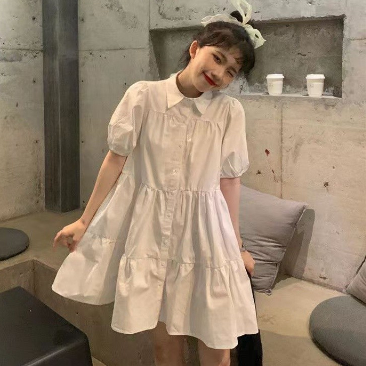 Đầm tay phồng mùa hè màu trắng dáng rộng Hàn Quốc Váy học sinh