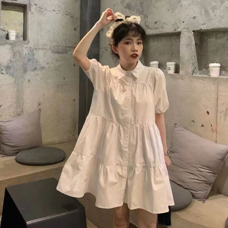Đầm tay phồng mùa hè màu trắng dáng rộng Hàn Quốc Váy học sinh