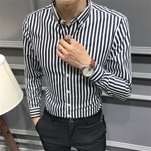Áo Sơ Mi Sọc Mới Mùa Hè Nam Áo Sơ Mi Cổ Đứng Nút Công Sở Áo Sơ Mi Tay Dài