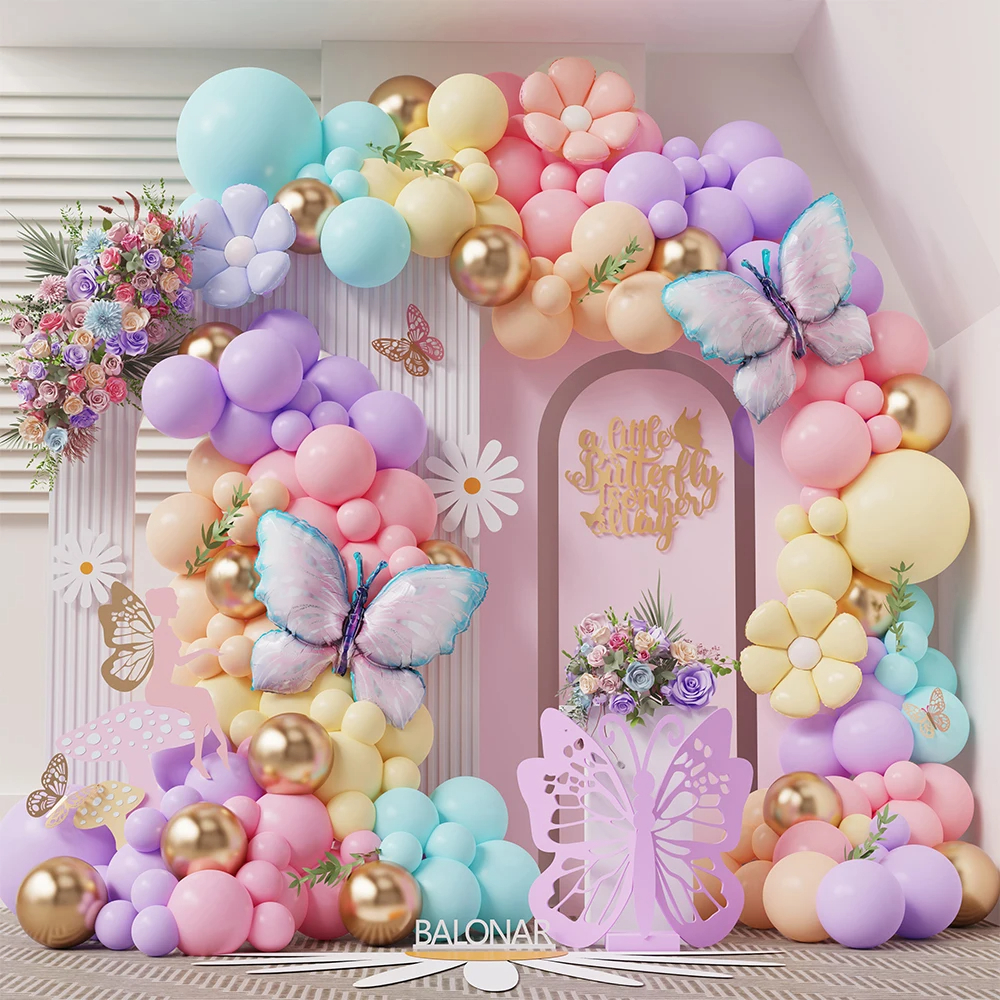153pc Macaron Hồng Tím Bướm Bóng Vòng Hoa Vàng Trắng Hoa Cúc Lá Heli ...
