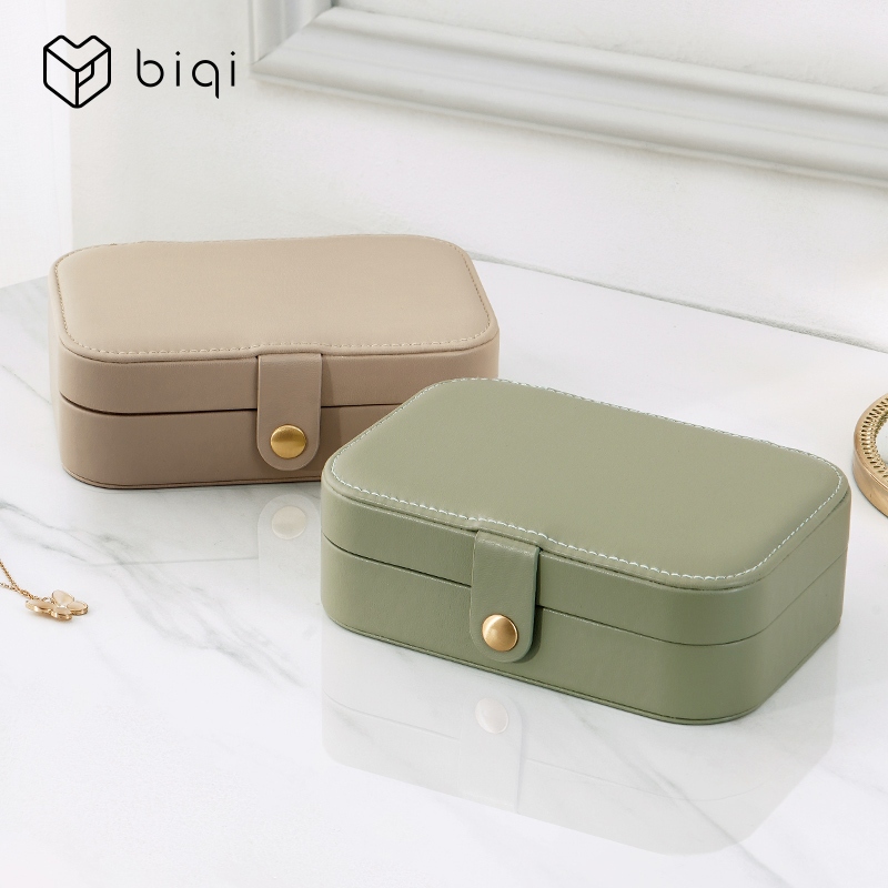 Hộp đựng đồ trang sức mini 2 lớp da PU, di động, cho nữ; khay trưng bày bông tai, vòng cổ